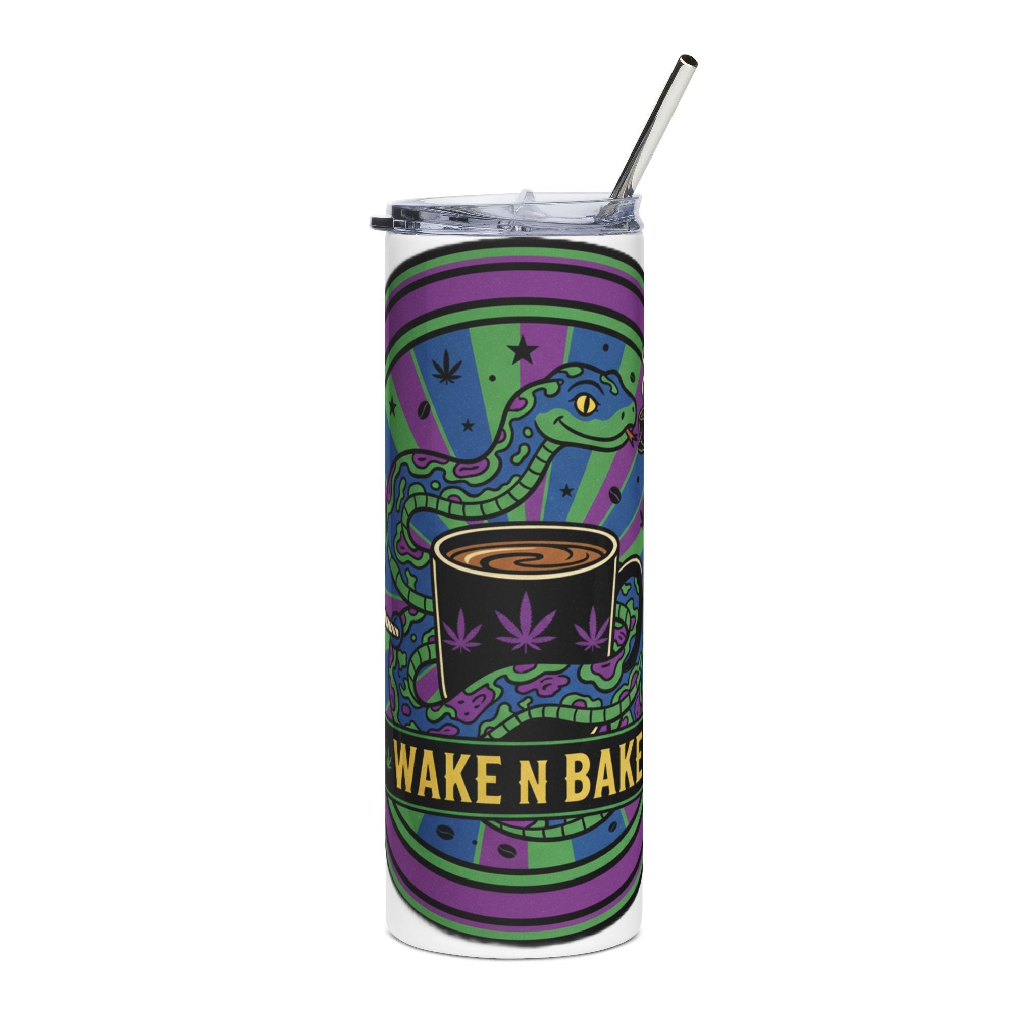 Wake N Bake 20oz Stainless Steel Tumbler — Psychedelic Snake Coffee Cup with Cannabis Leaf Design