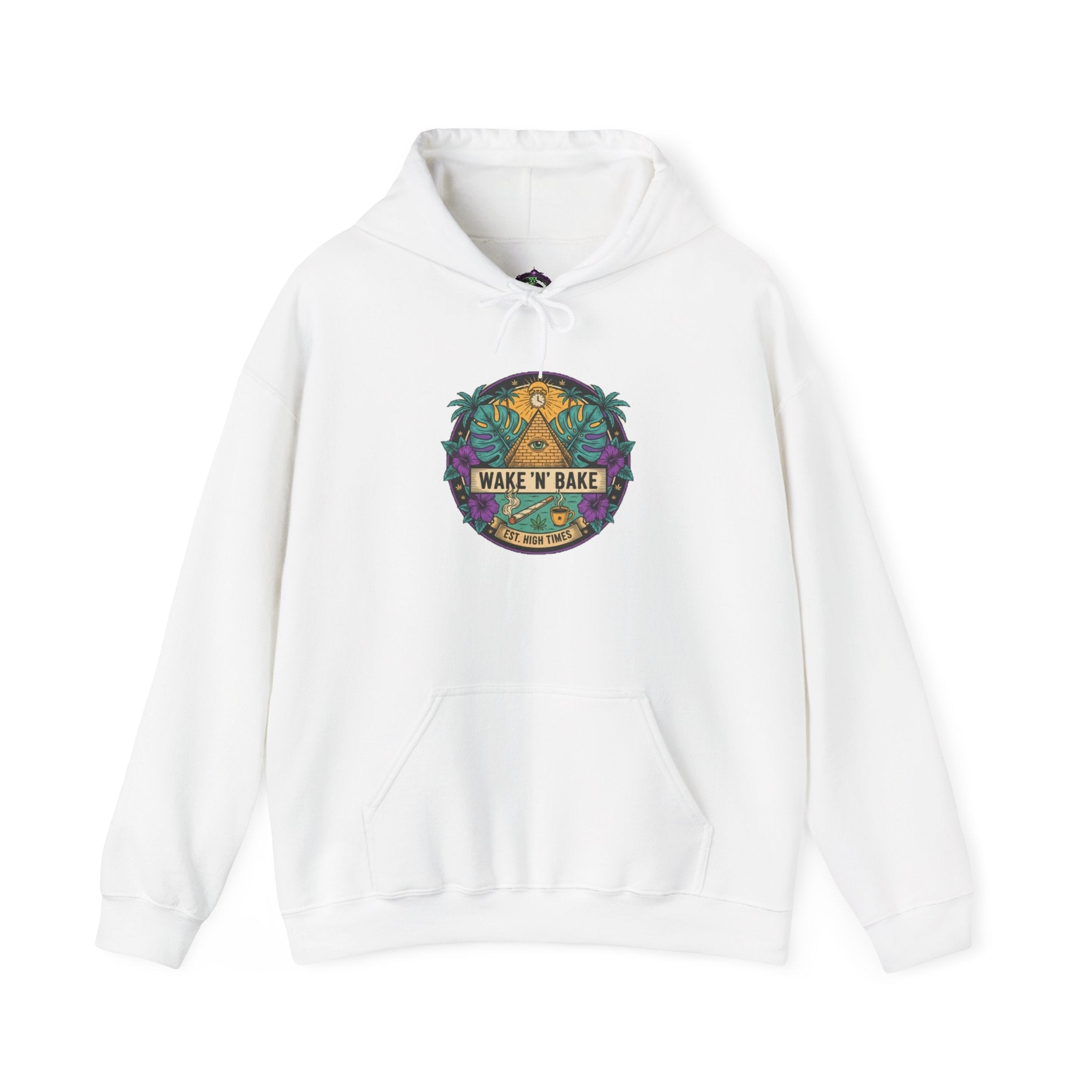 Wake N' Bake Graphic Hoodie — Retro Tropical Cannabis Leaf Design