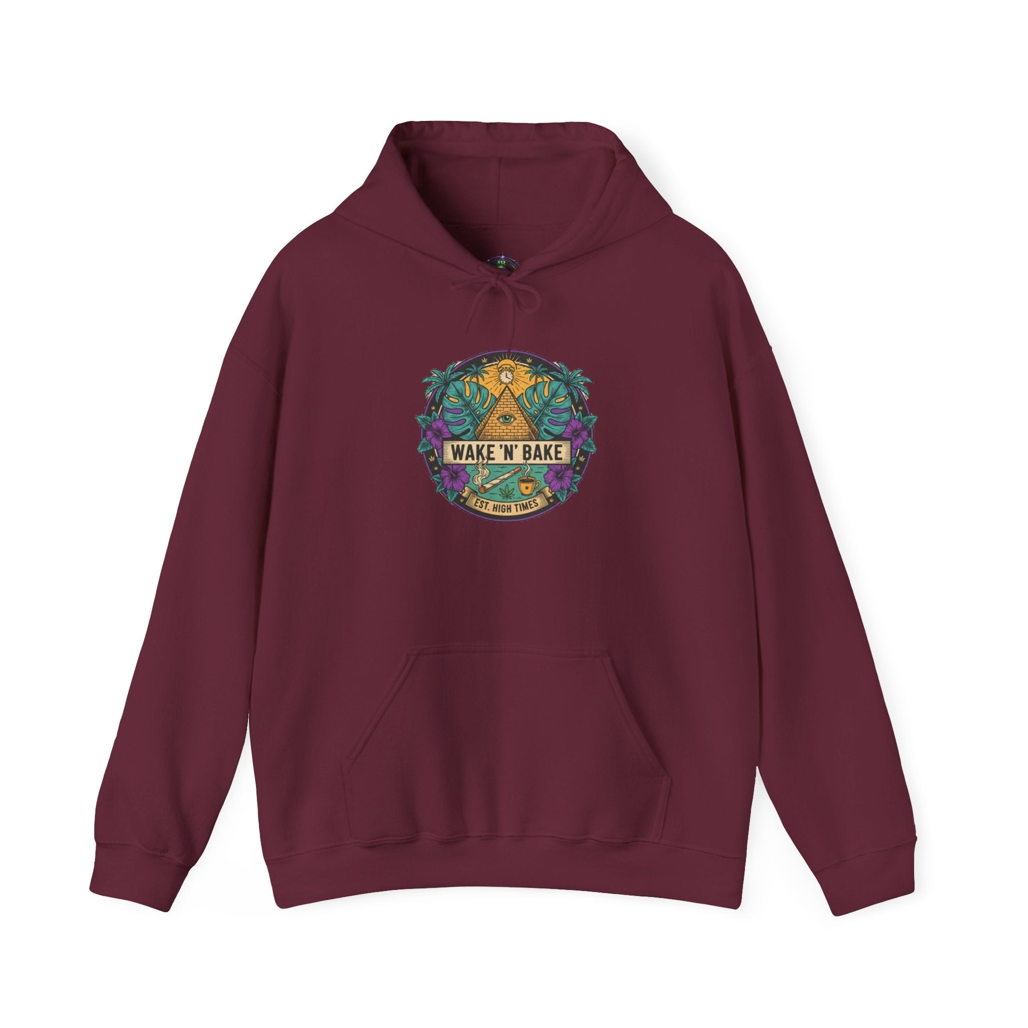 Wake N' Bake Graphic Hoodie — Retro Tropical Cannabis Leaf Design