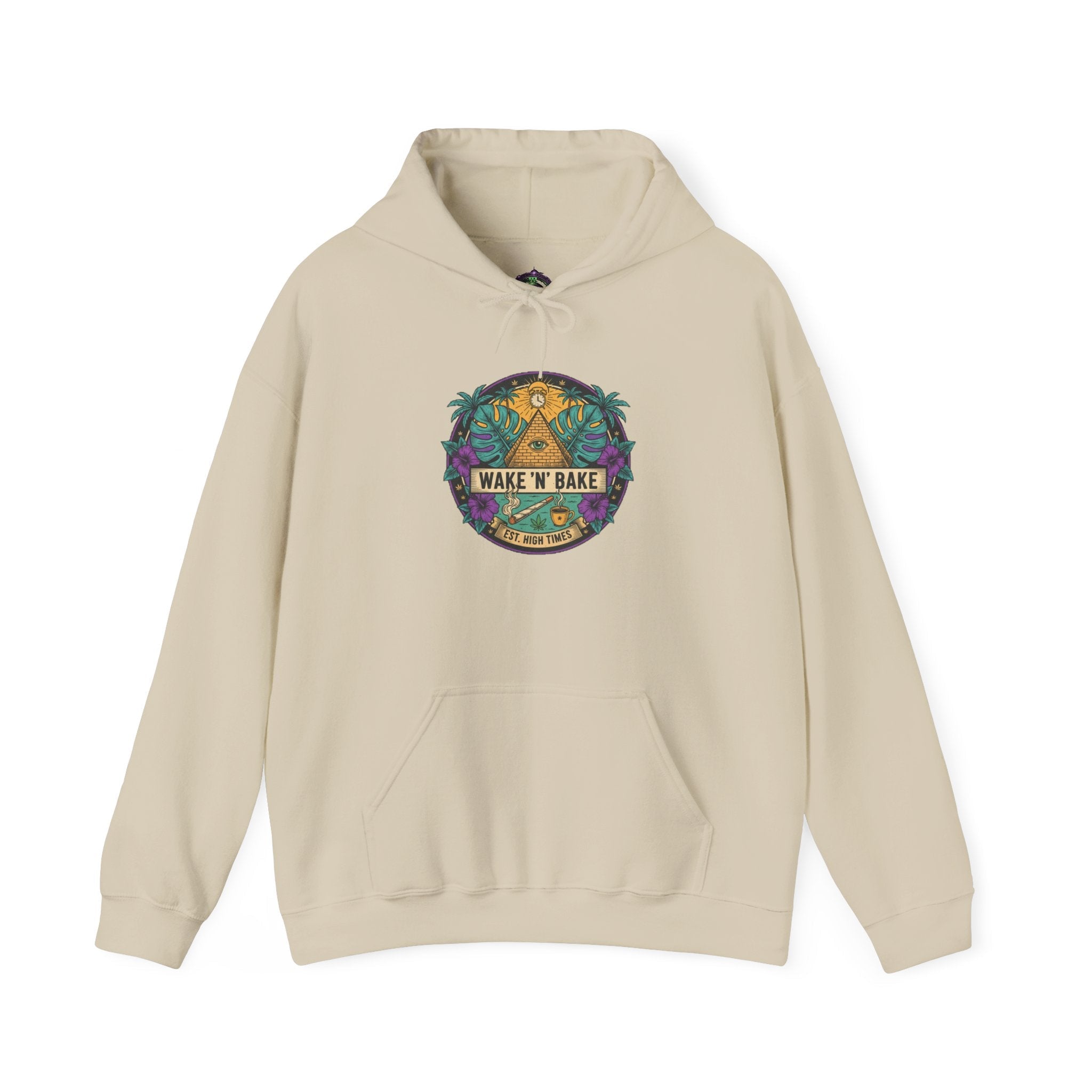 Wake N' Bake Graphic Hoodie — Retro Tropical Cannabis Leaf Design