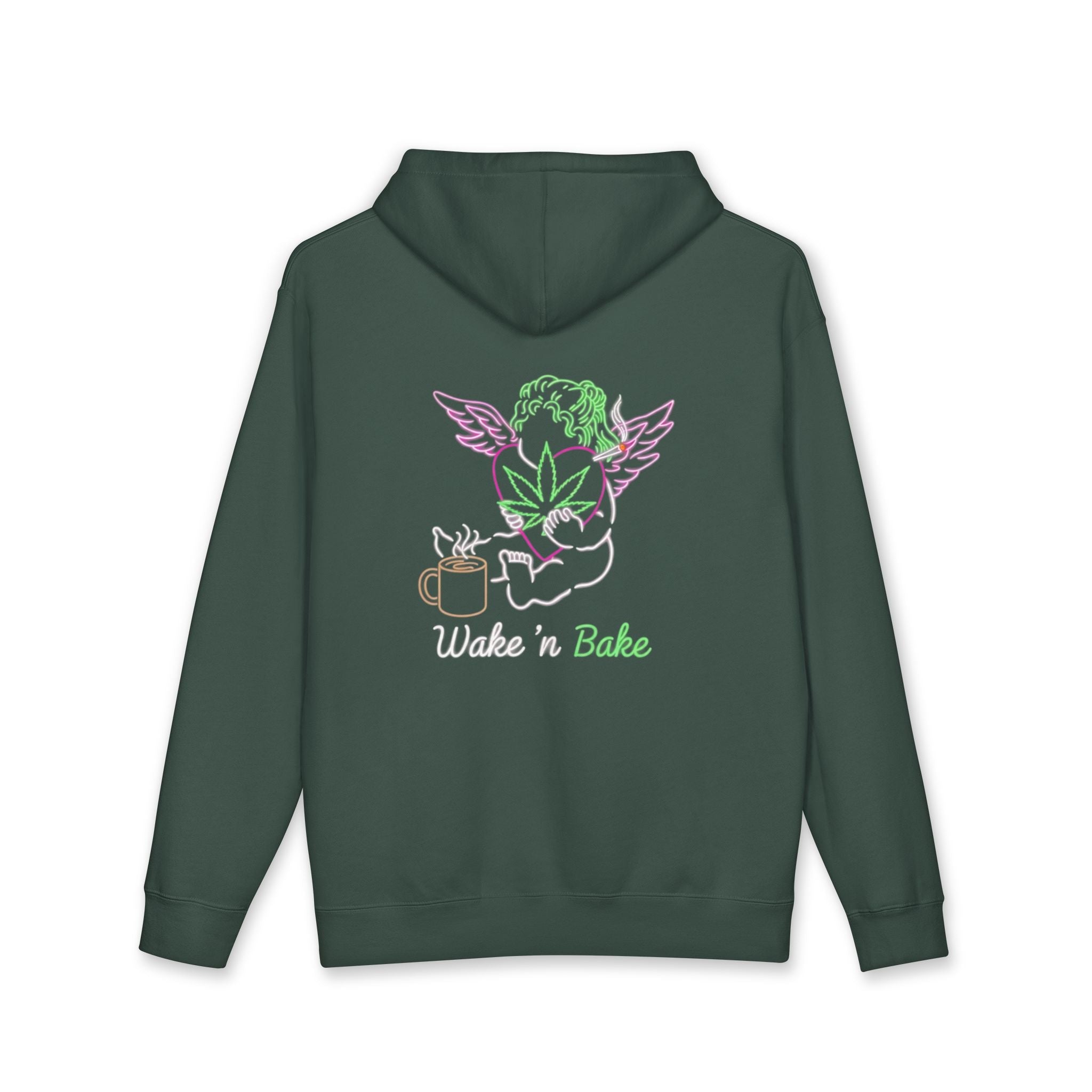 Wake 'n' Bake Hoodie – Angel Cherub with Cannabis Leaf & Coffee Graphic