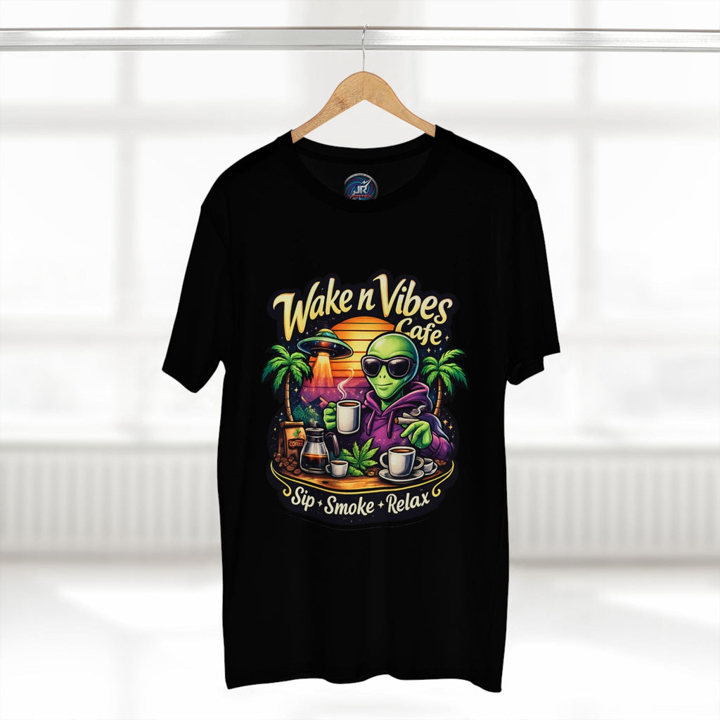 Wake n Vibes Cafe T-Shirt — Alien Sip • Smoke • Relax Graphic Tee