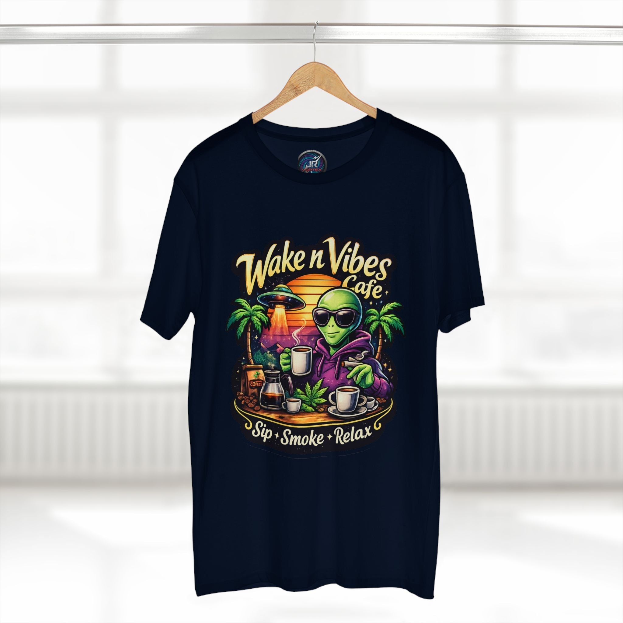 Wake n Vibes Cafe T-Shirt — Alien Sip • Smoke • Relax Graphic Tee
