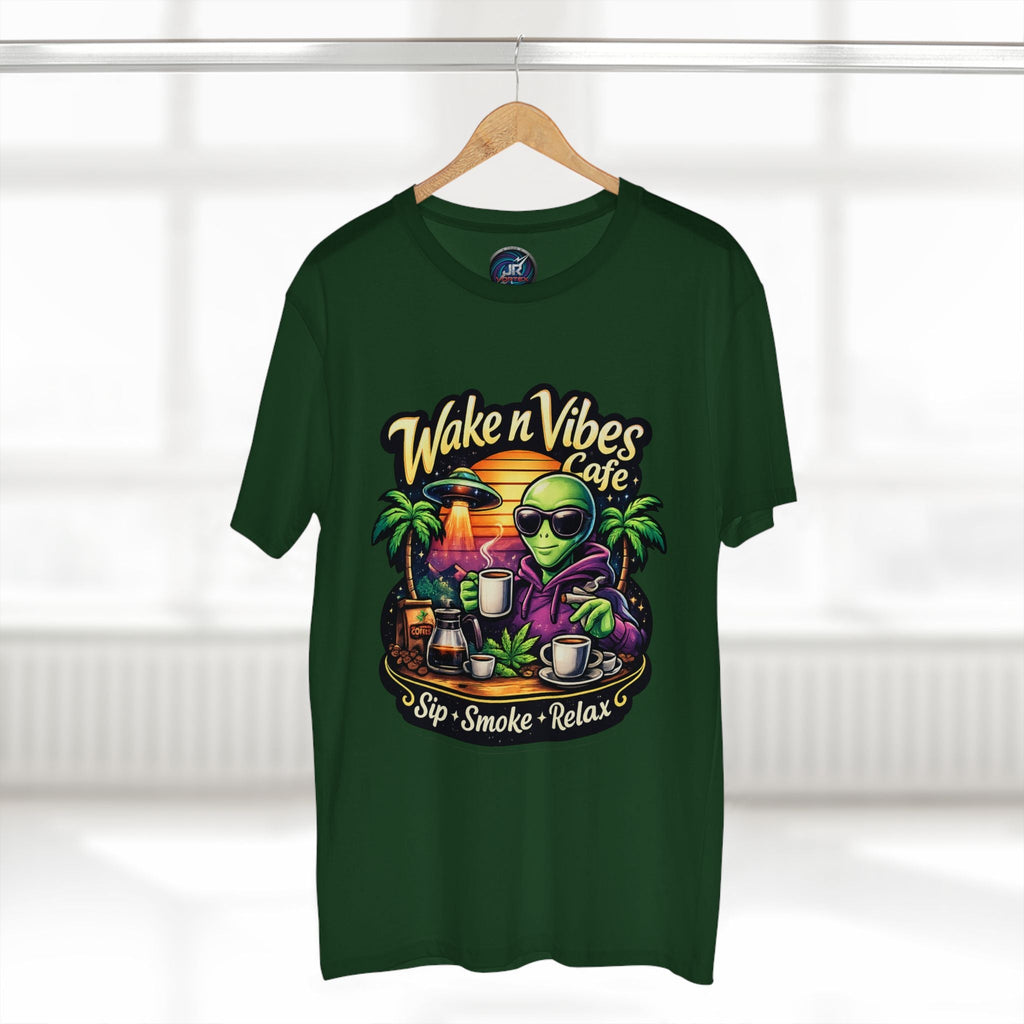 Wake n Vibes Cafe T-Shirt — Alien Sip • Smoke • Relax Graphic Tee