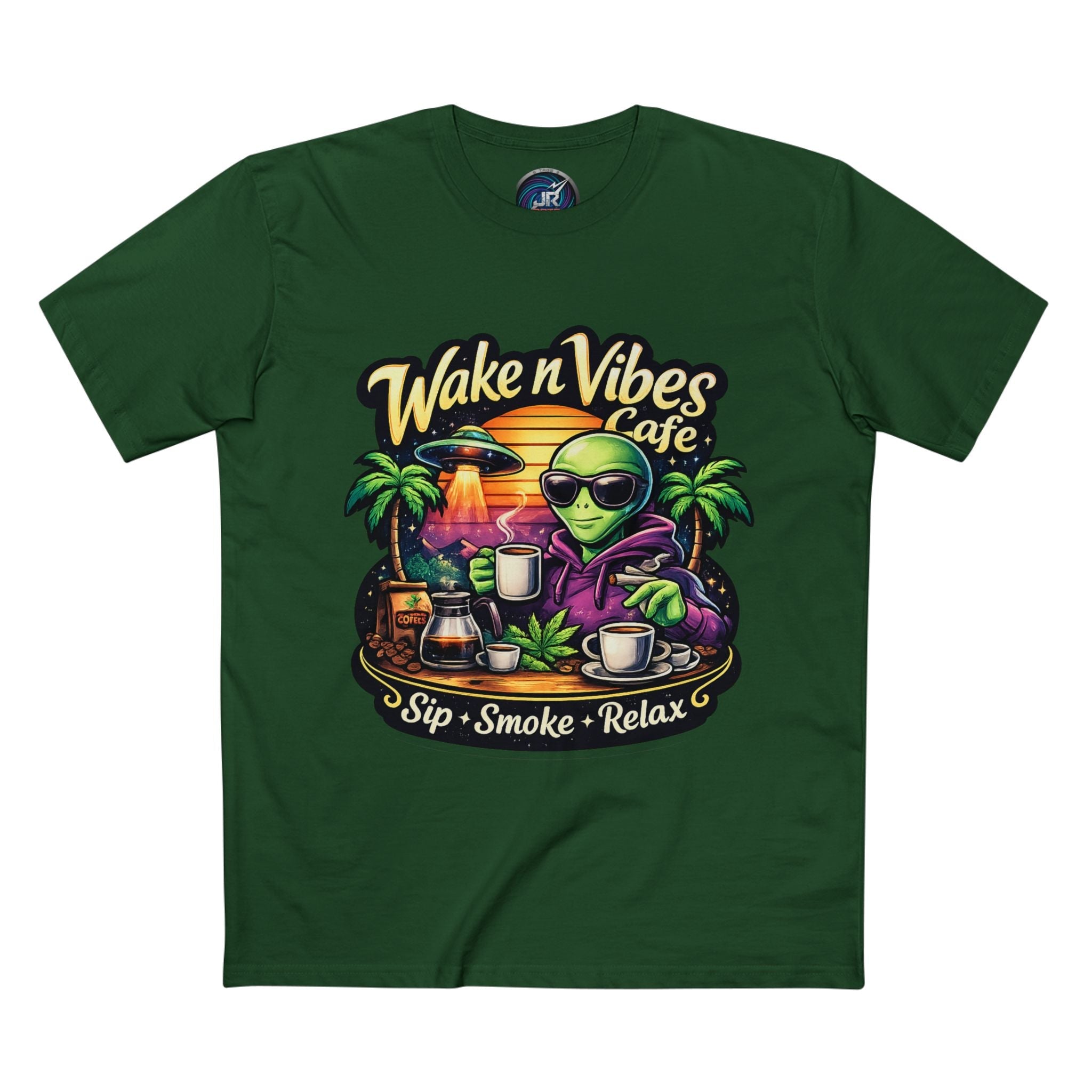 Wake n Vibes Cafe T-Shirt — Alien Sip • Smoke • Relax Graphic Tee