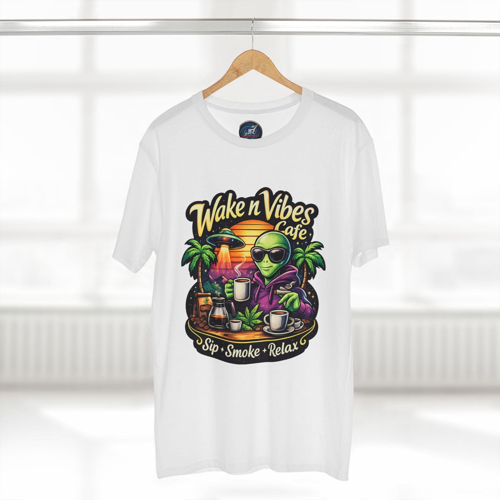 Wake n Vibes Cafe T-Shirt — Alien Sip • Smoke • Relax Graphic Tee