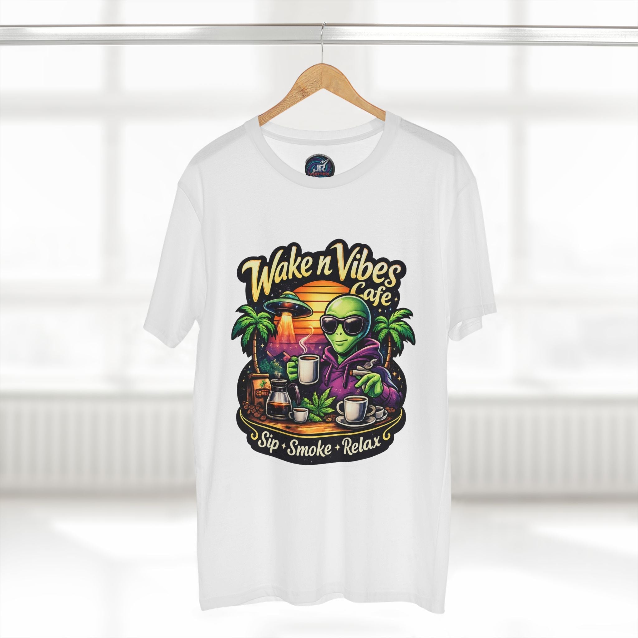 Wake n Vibes Cafe T-Shirt — Alien Sip • Smoke • Relax Graphic Tee
