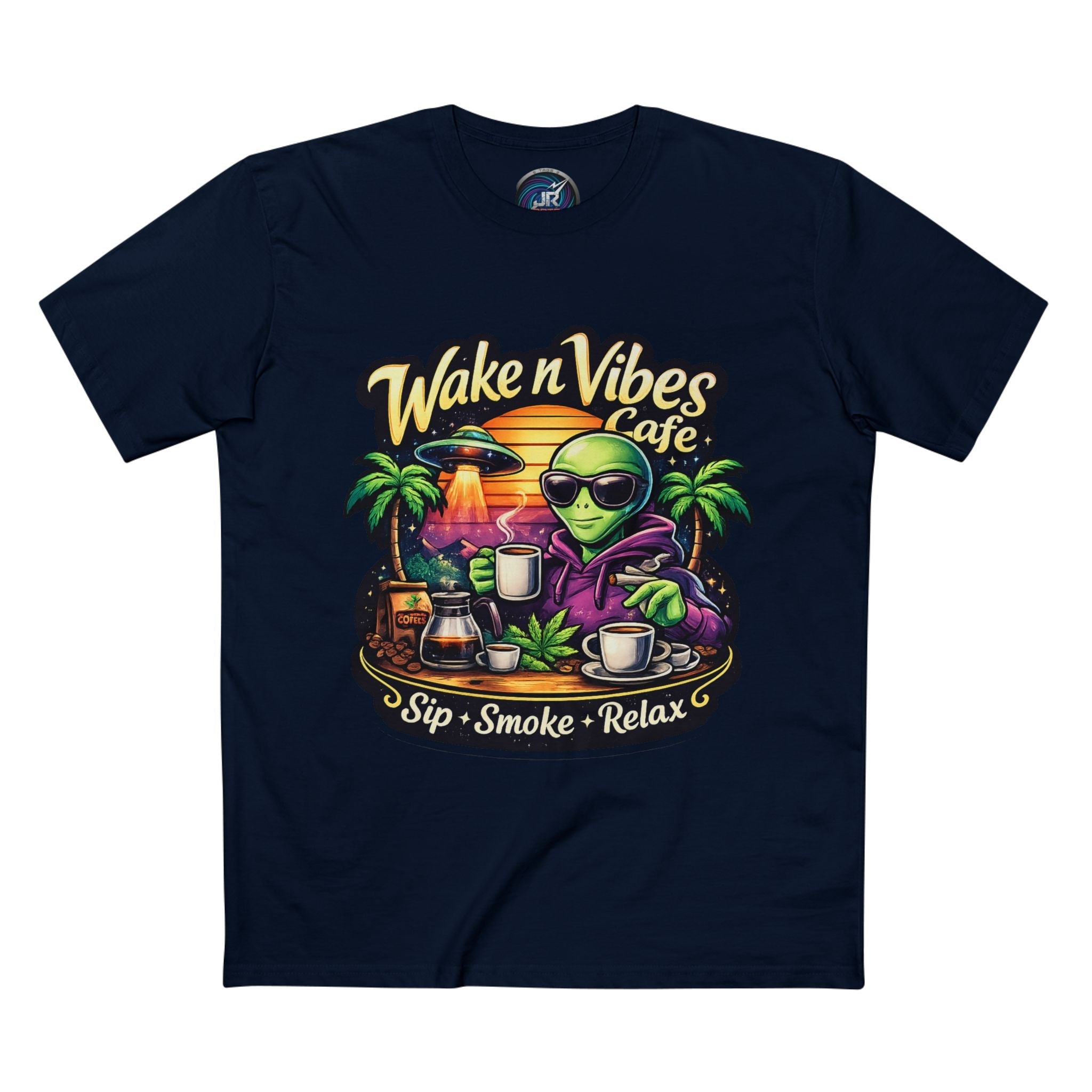 Wake n Vibes Cafe T-Shirt — Alien Sip • Smoke • Relax Graphic Tee