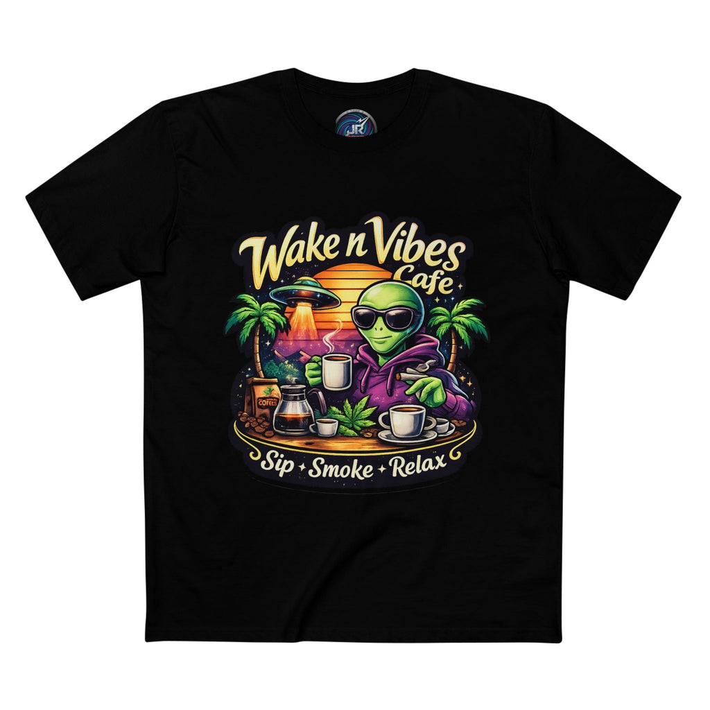 Wake n Vibes Cafe T-Shirt — Alien Sip • Smoke • Relax Graphic Tee