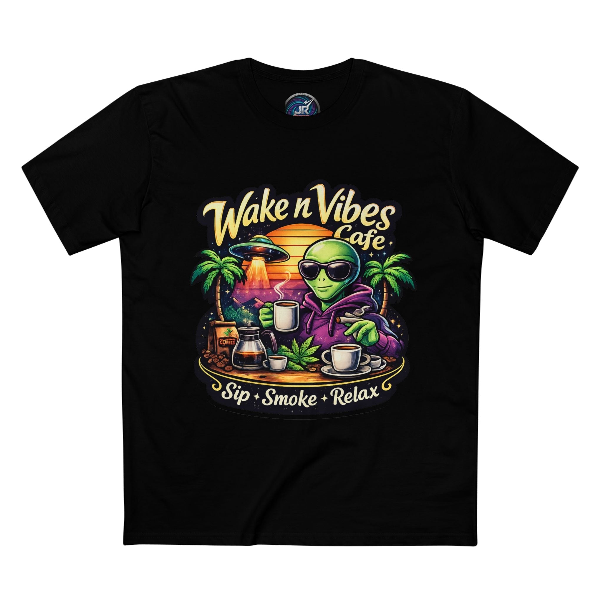 Wake n Vibes Cafe T-Shirt — Alien Sip • Smoke • Relax Graphic Tee