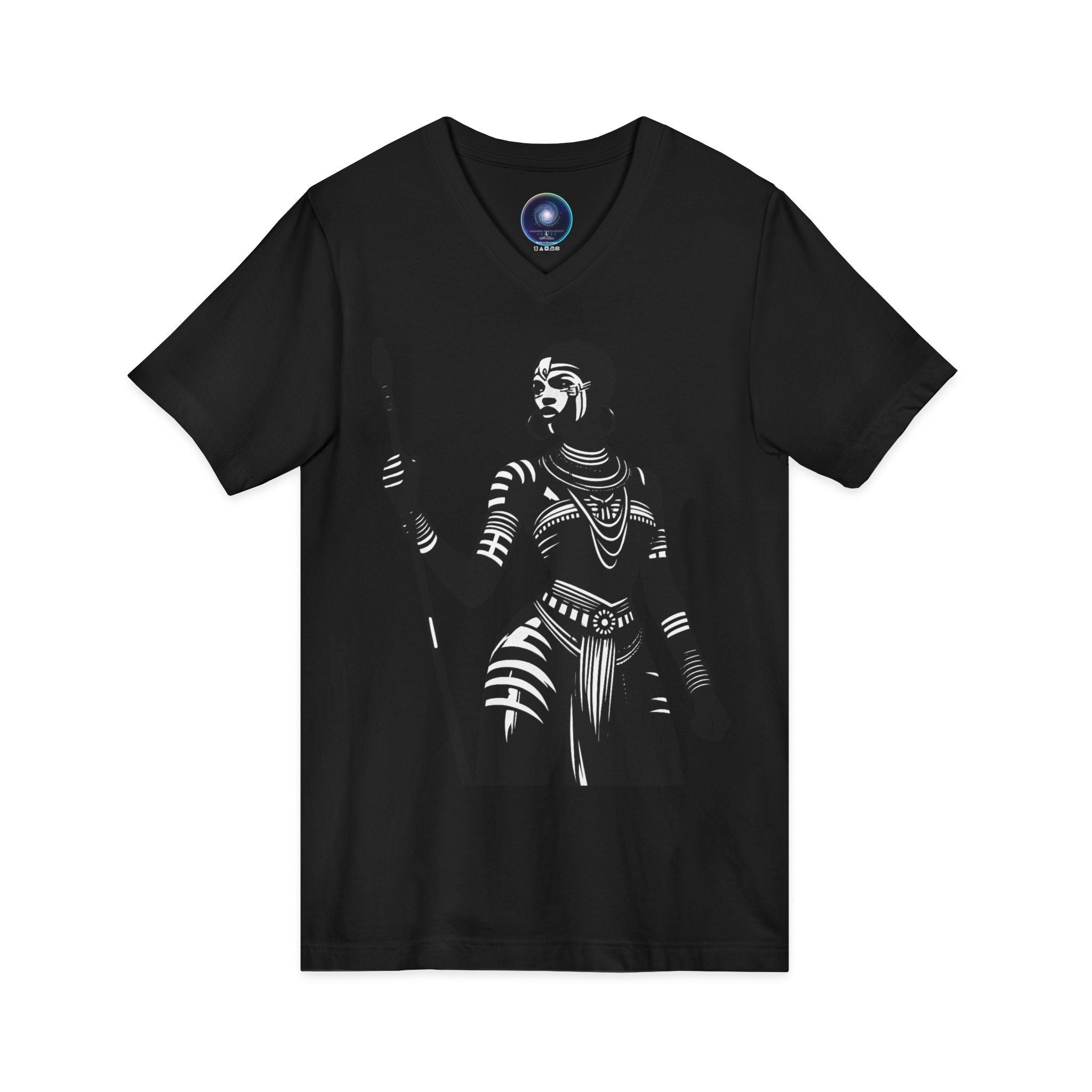 Warrior Queen Graphic V‑Neck Tee — Tribal Spear Art T‑Shirt Printify