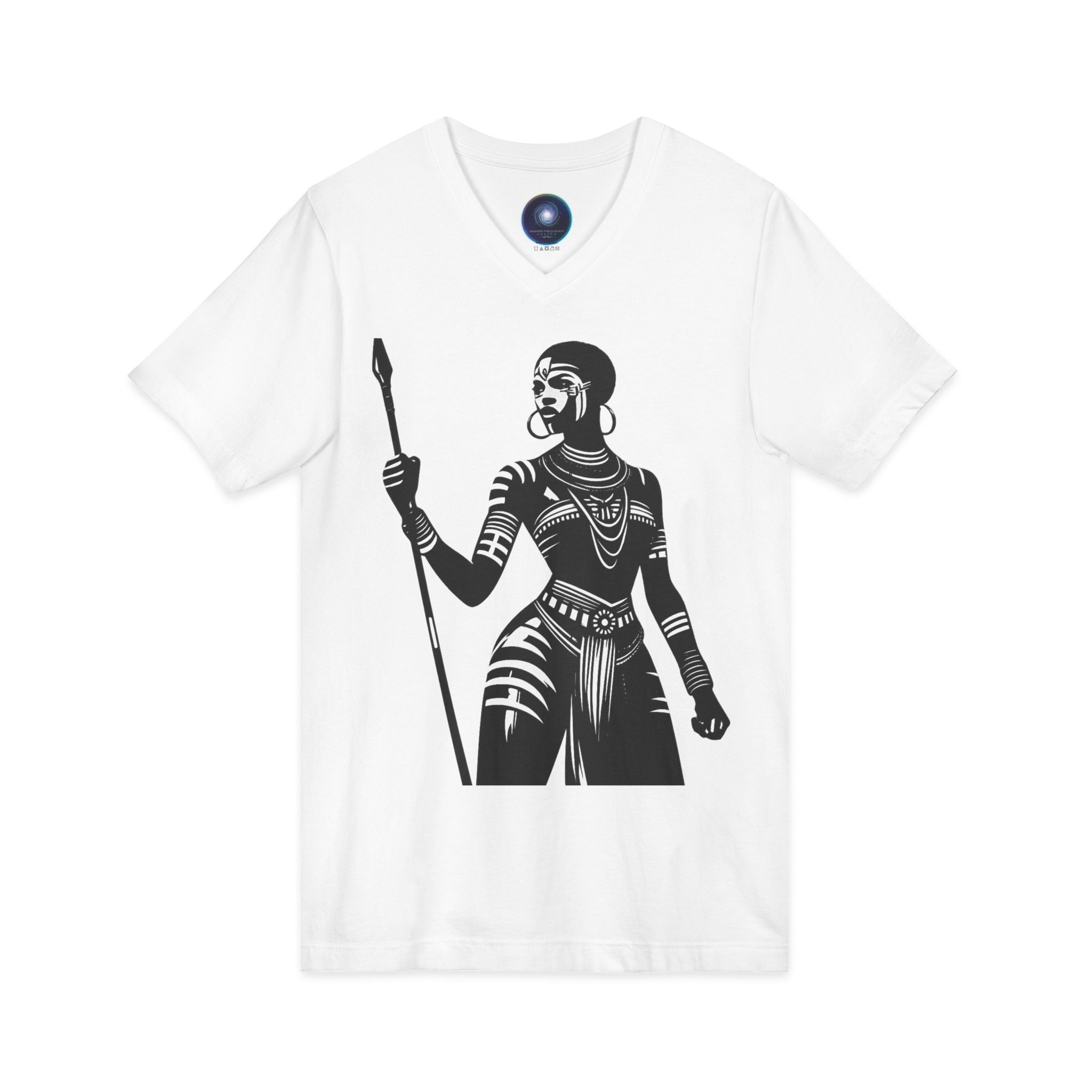 Warrior Queen Graphic V‑Neck Tee — Tribal Spear Art T‑Shirt Printify