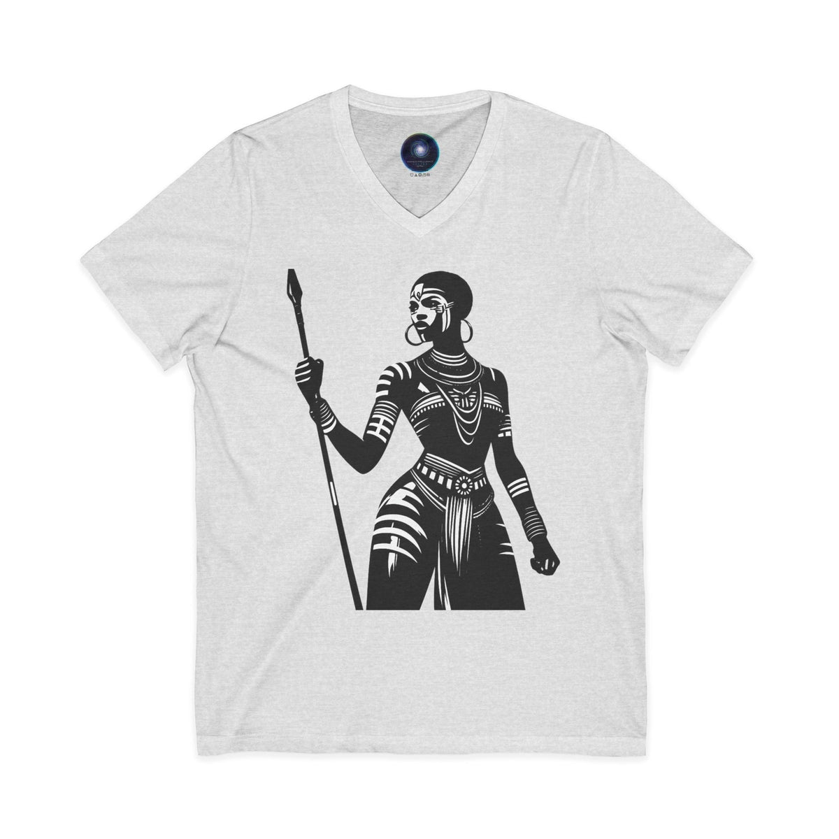 Warrior Queen Graphic V‑Neck Tee — Tribal Spear Art T‑Shirt Printify