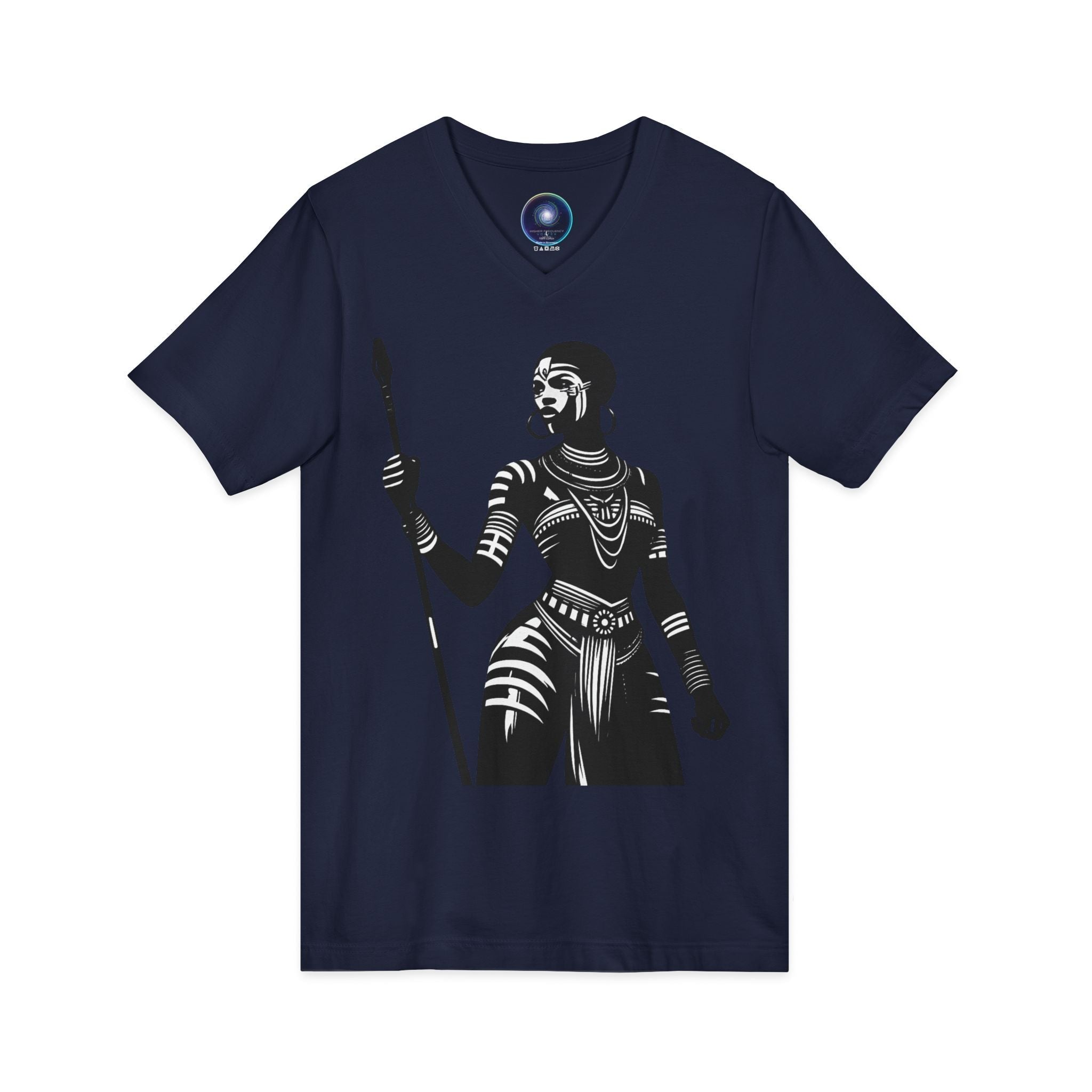 Warrior Queen Graphic V‑Neck Tee — Tribal Spear Art T‑Shirt Printify