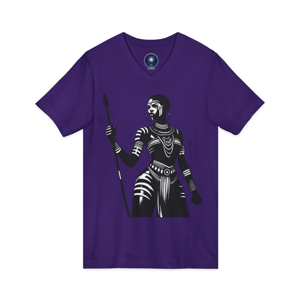Warrior Queen Graphic V‑Neck Tee — Tribal Spear Art T‑Shirt Printify