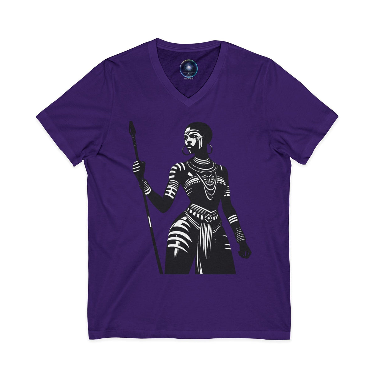 Warrior Queen Graphic V‑Neck Tee — Tribal Spear Art T‑Shirt Printify