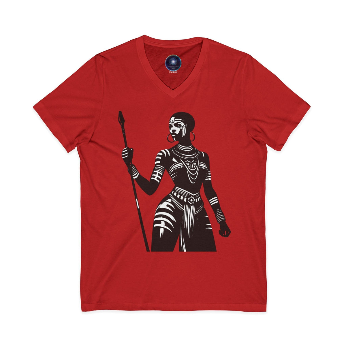 Warrior Queen Graphic V‑Neck Tee — Tribal Spear Art T‑Shirt Printify