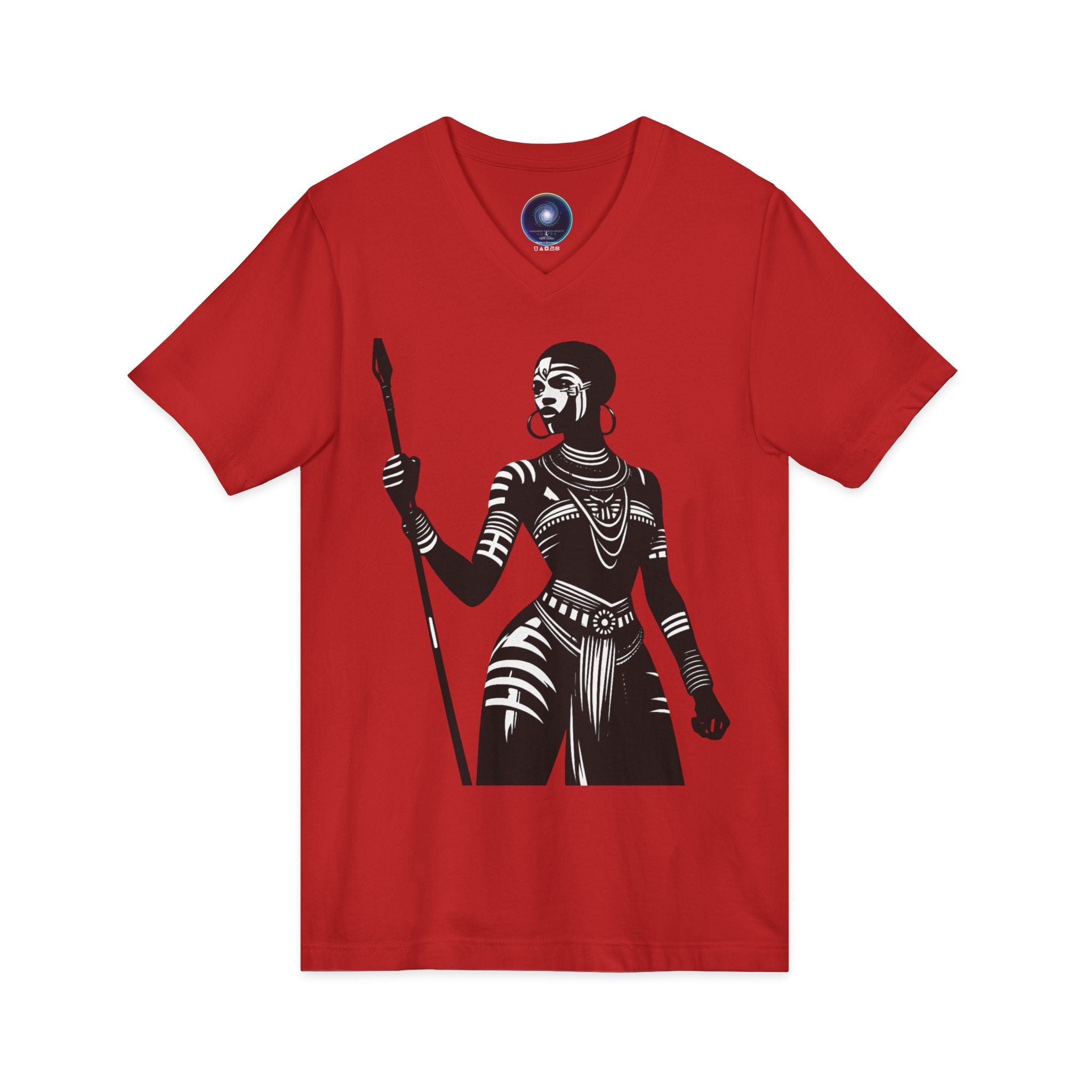 Warrior Queen Graphic V‑Neck Tee — Tribal Spear Art T‑Shirt Printify
