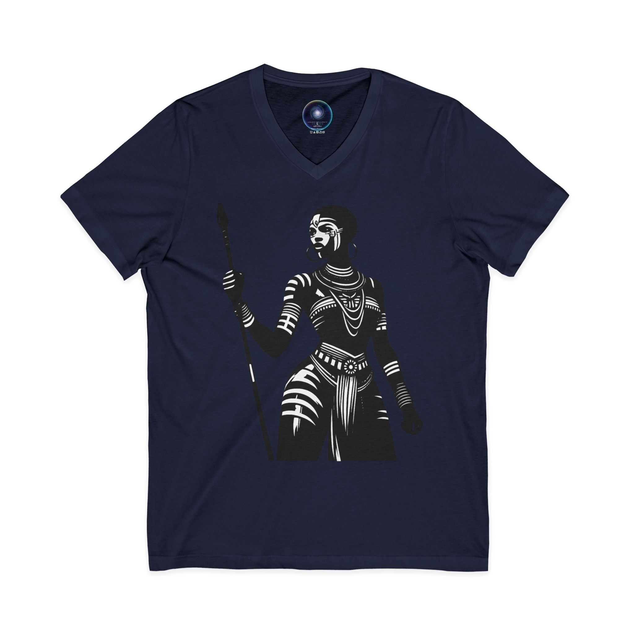 Warrior Queen Graphic V‑Neck Tee — Tribal Spear Art T‑Shirt Printify