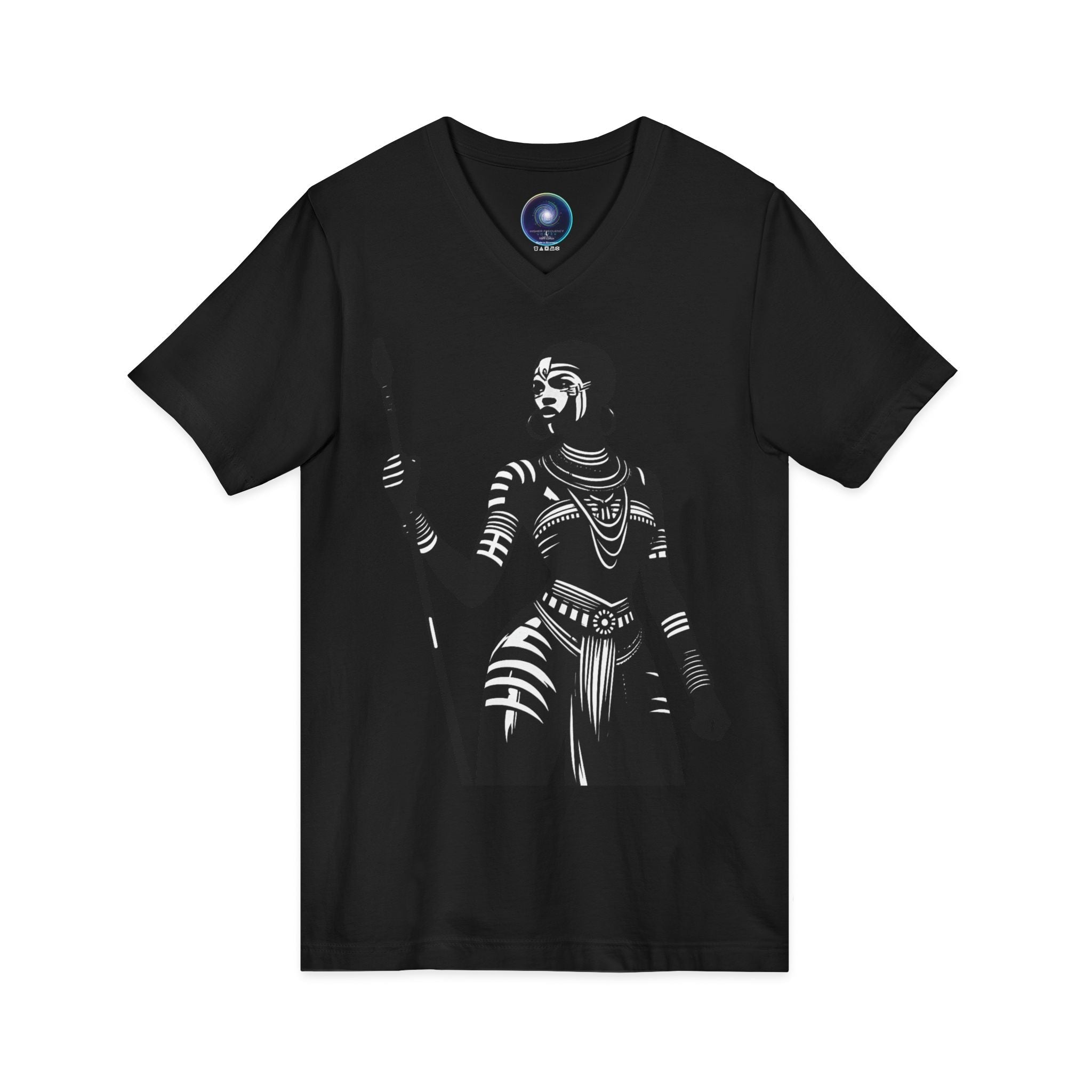 Warrior Queen Graphic V‑Neck Tee — Tribal Spear Art T‑Shirt Printify