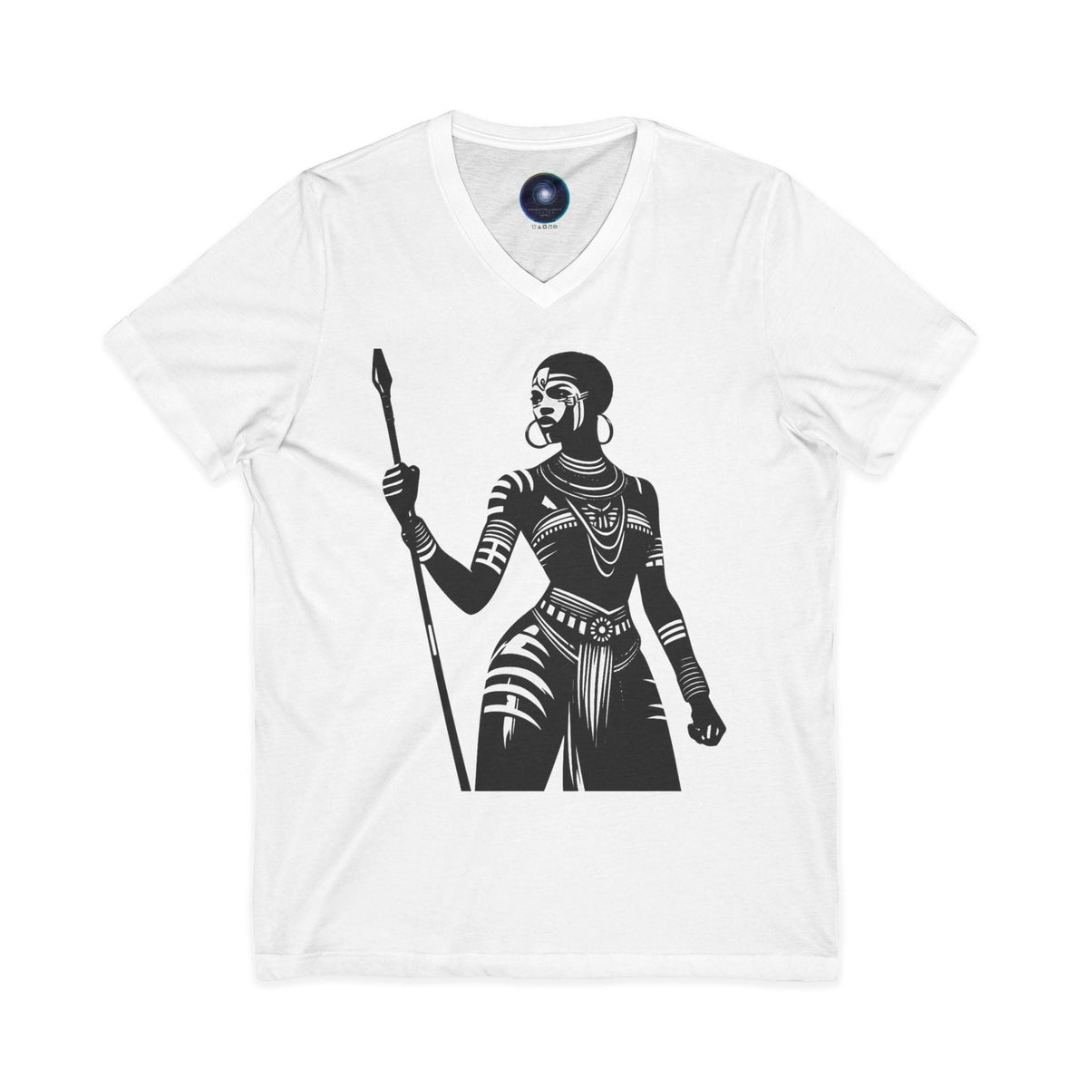 Warrior Queen Graphic V‑Neck Tee — Tribal Spear Art T‑Shirt Printify