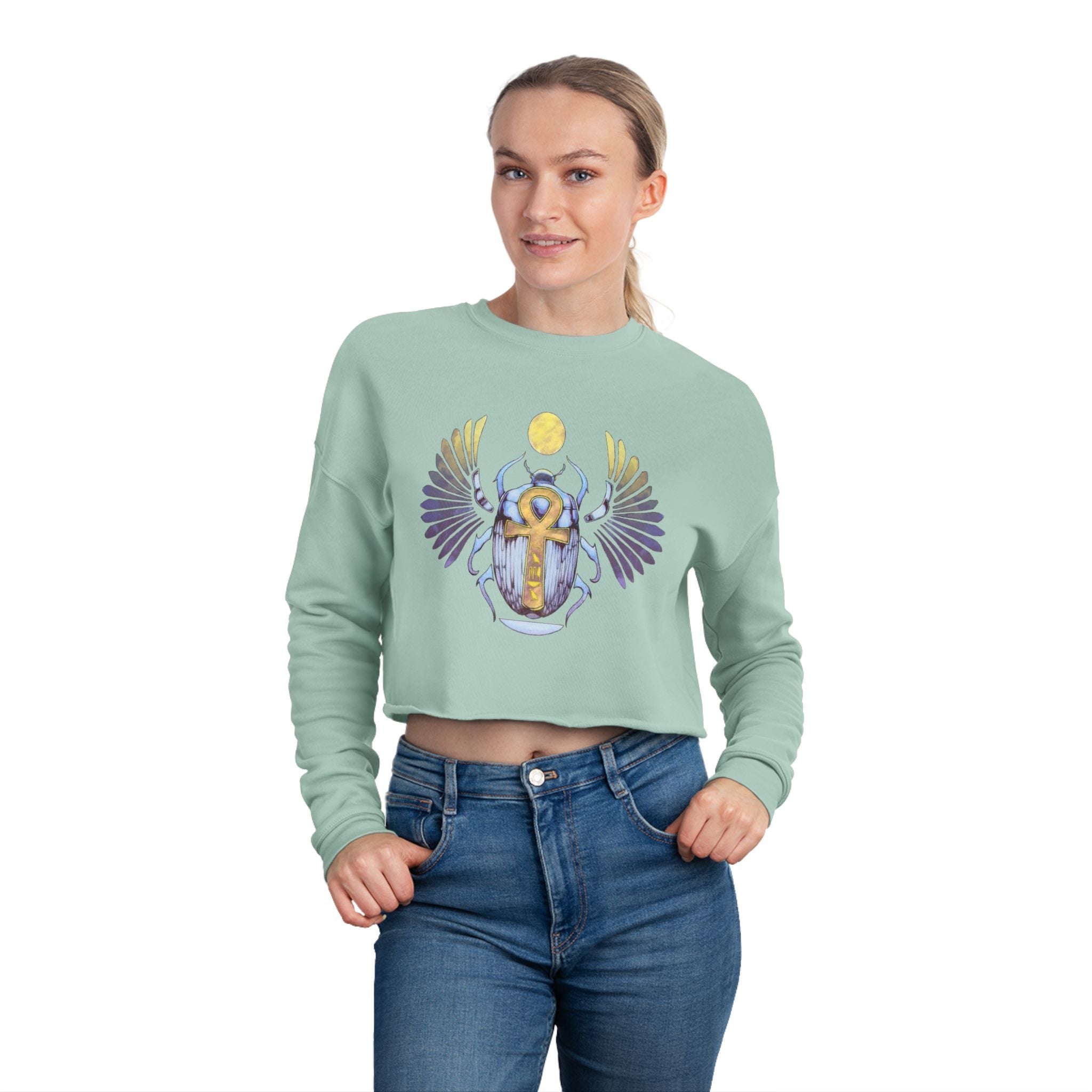 Women's Cropped Sweatshirt with Egyptian Inspired Design, Boho Style Top, Casual Wear, Gifts for Her, Festival Fashion
