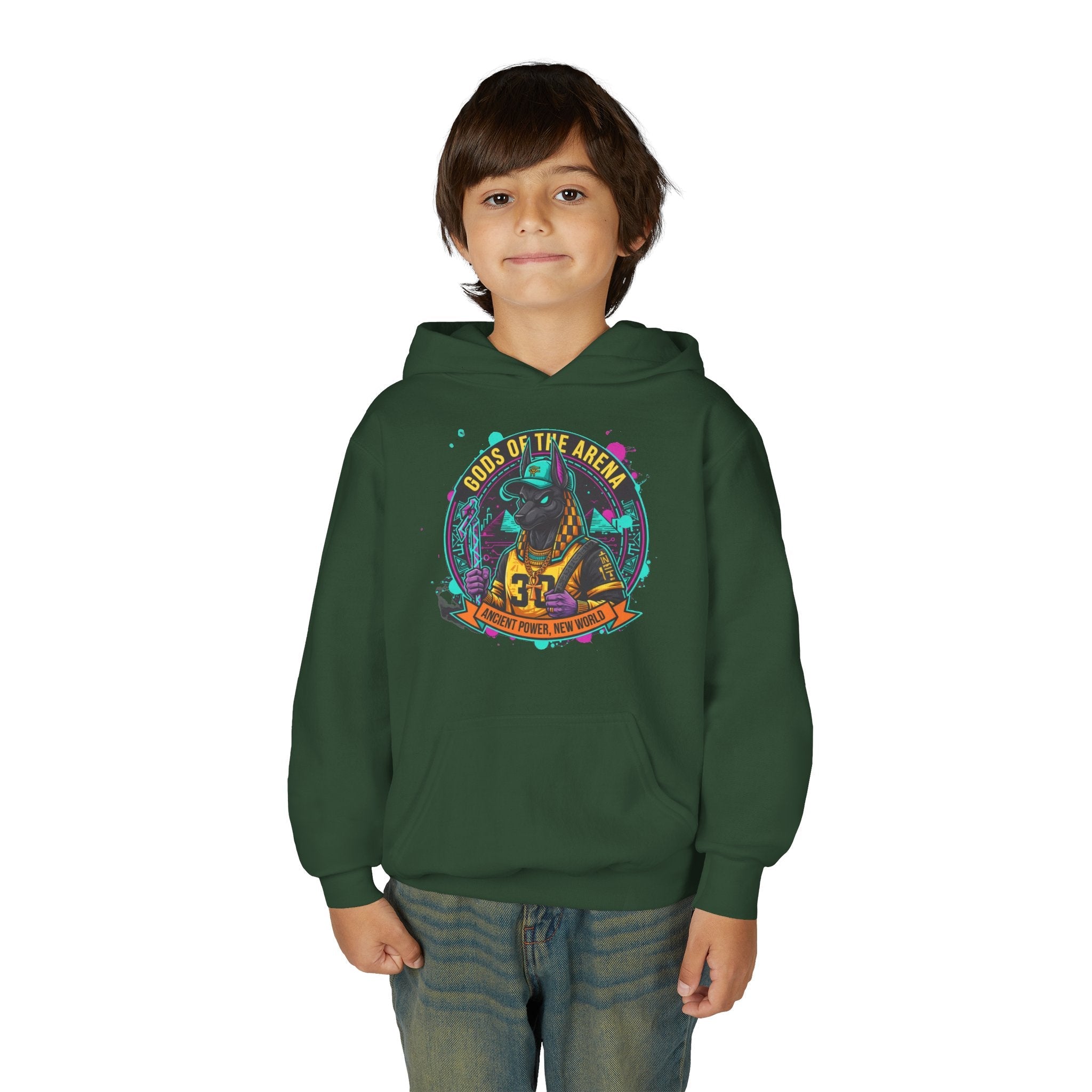 Youth Hoodie — «Gods of the Arcade» Retro Gamer Graphic Hooded Sweatshirt Printify