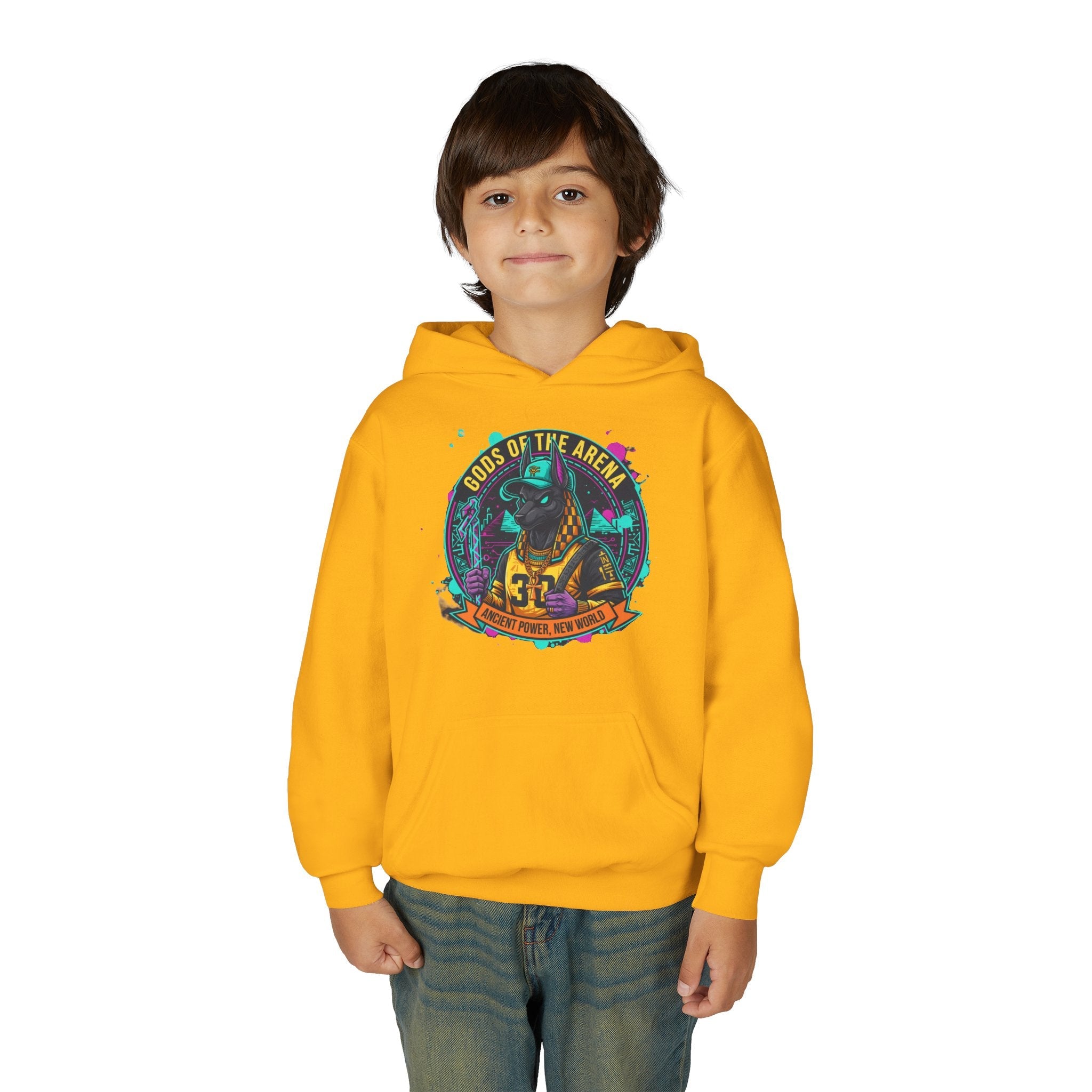 Youth Hoodie — «Gods of the Arcade» Retro Gamer Graphic Hooded Sweatshirt Printify