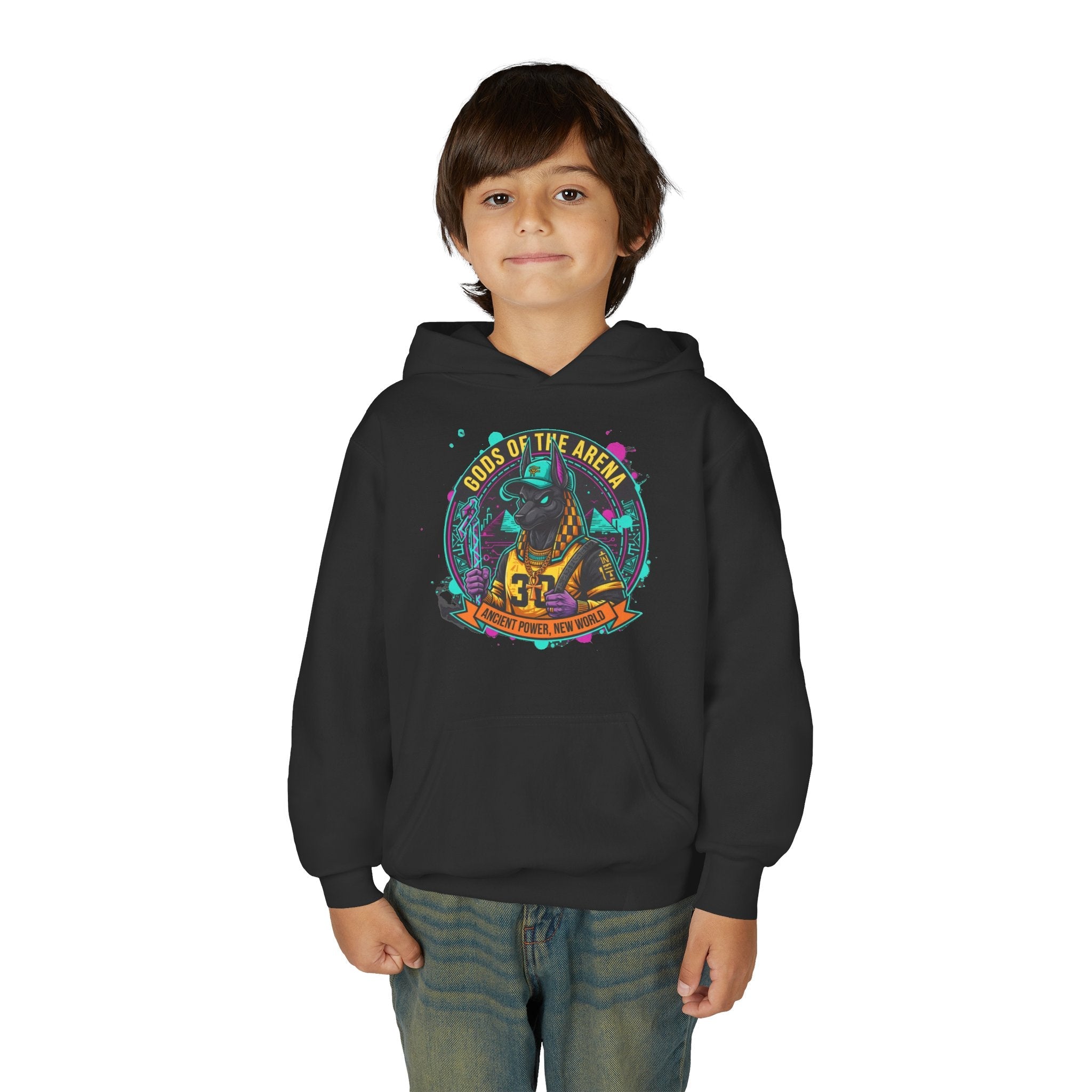 Youth Hoodie — «Gods of the Arcade» Retro Gamer Graphic Hooded Sweatshirt Printify